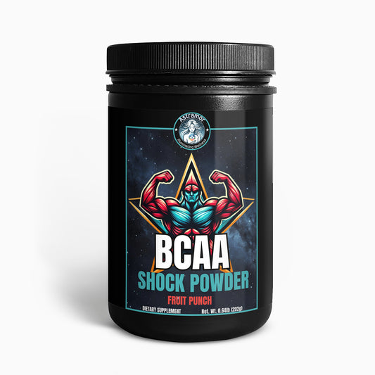 A container of Astramor’s BCAA Powder, a Branched Chain Amino Acids (BCAAs) supplement for muscle recovery and energy production