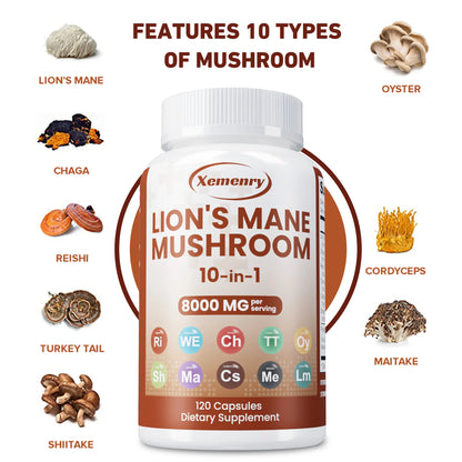 Lion's Mane Mushroom Capsules - Brain Health, Memory & Cognition, Immune Support - 120 Capsules