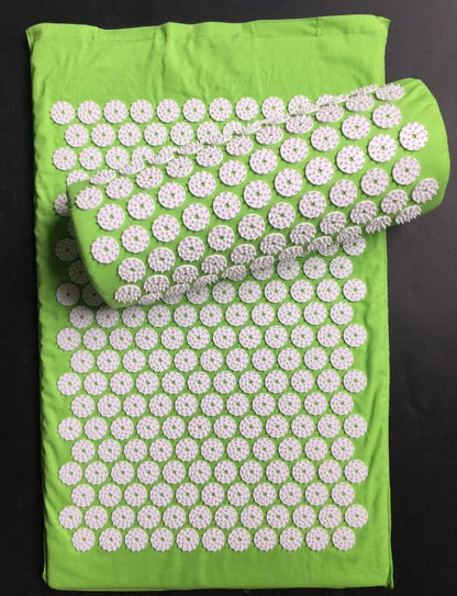 Acupressure mat and pillow set in various colors for muscle tension relief and relaxation, available with fast US shipping.