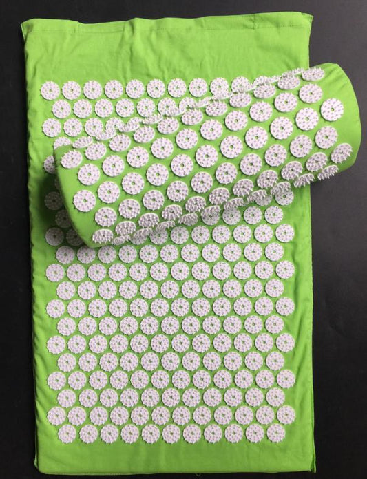 Acupressure mat and pillow set in various colors for muscle tension relief and relaxation, available with fast US shipping.