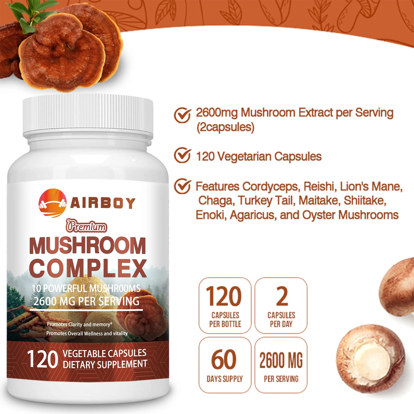 Mushroom Complex - with Lions Mane, Chaga, Reishi Nootropic Brain Supplement for Memory and Focus, Enhance Energy - 120 Capsules