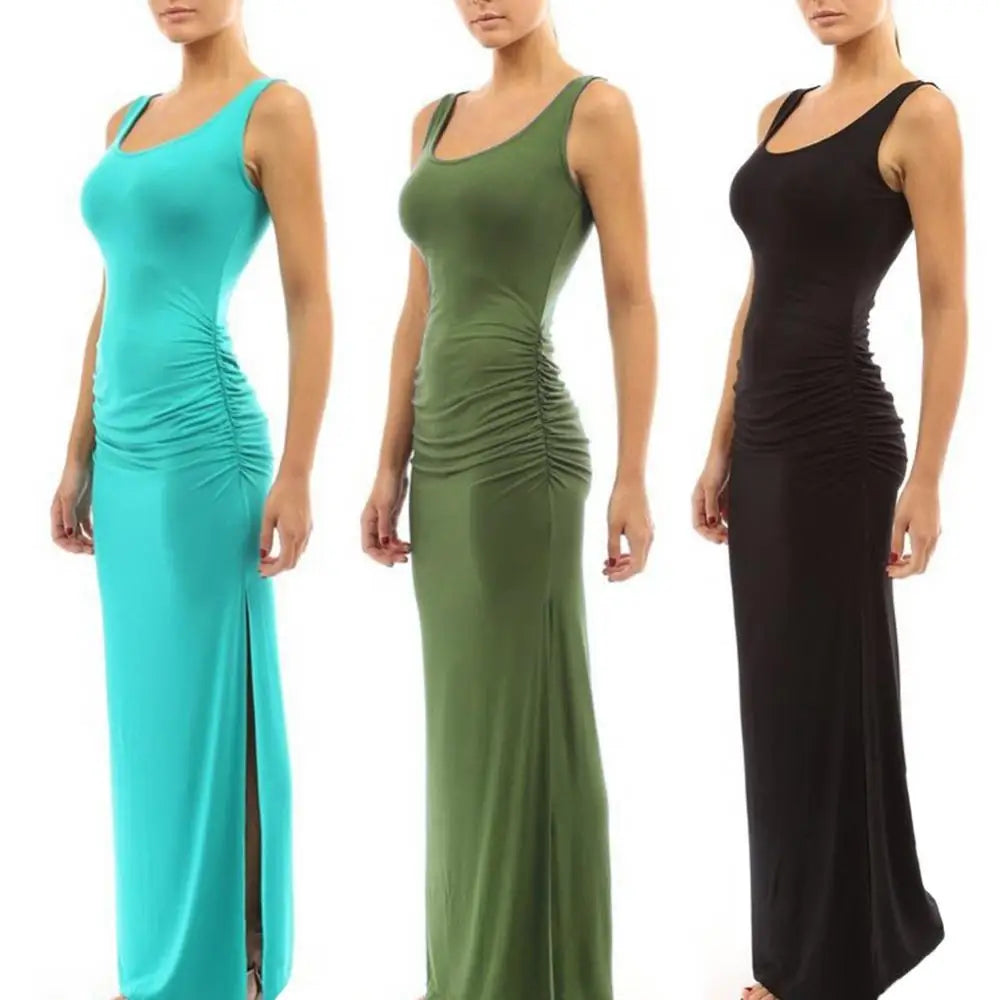 Solid Color Scoop Neck Sleeveless Maxi Dress with Side Split