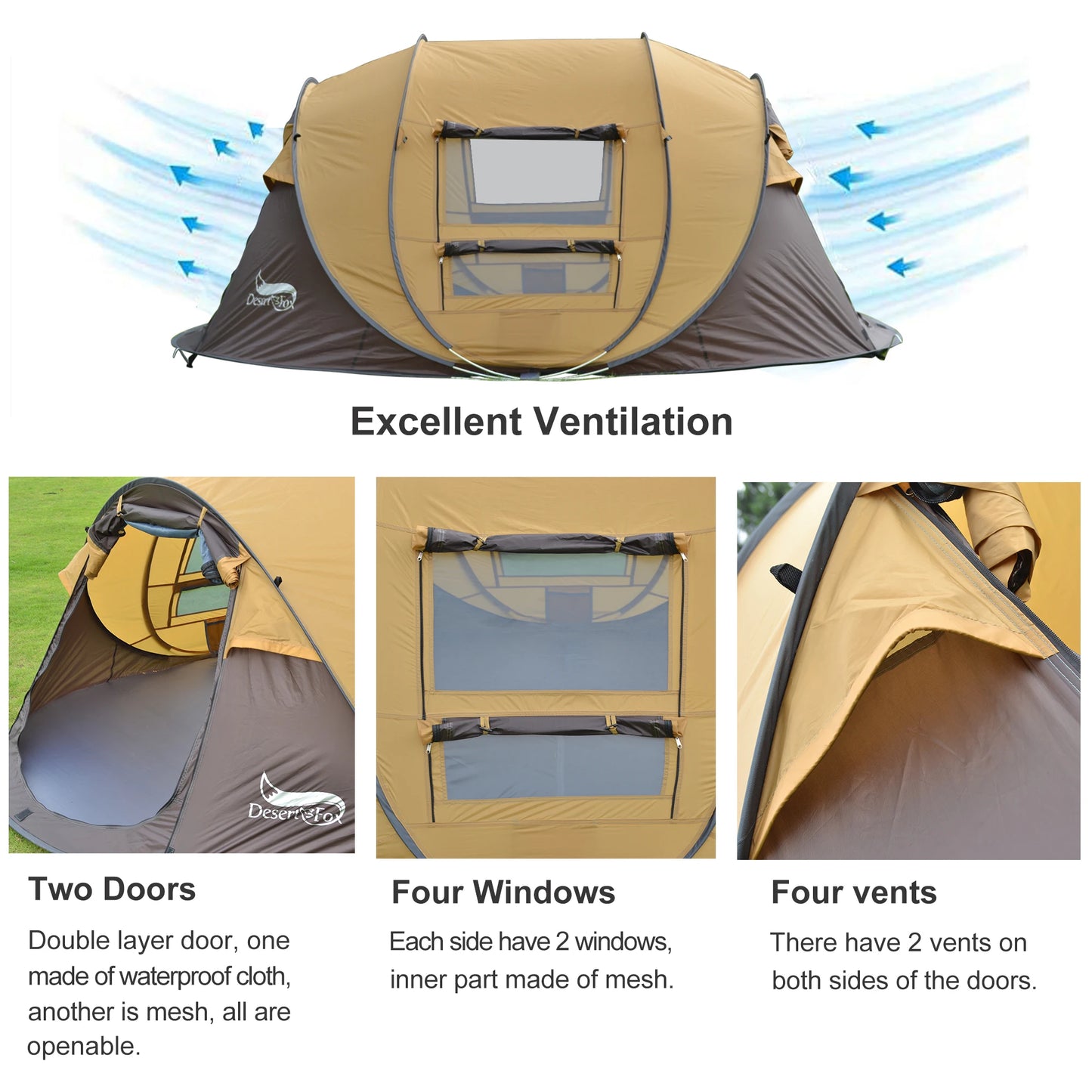 Desert&amp;Fox Automatisches Pop-up-Zelt, 3–4 Personen, Outdoor-Zelt mit sofortigem Aufbau, wasserdichtes 4-Jahreszeiten-Zelt für Wandern, Camping, Reisen