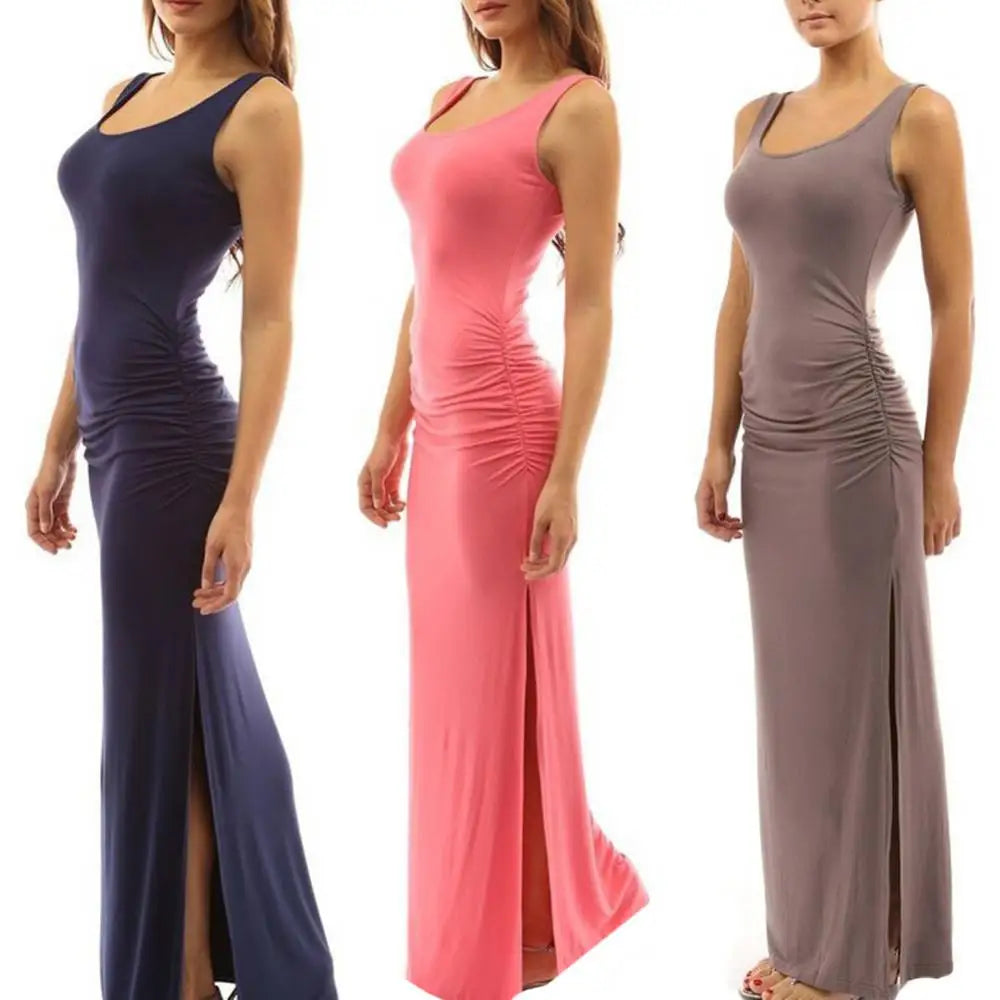 Solid Color Scoop Neck Sleeveless Maxi Dress with Side Split