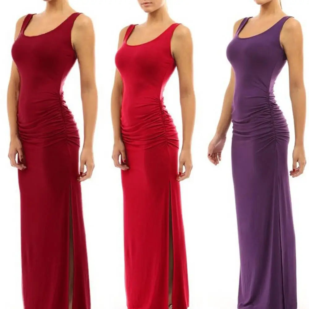 Solid Color Scoop Neck Sleeveless Maxi Dress with Side Split