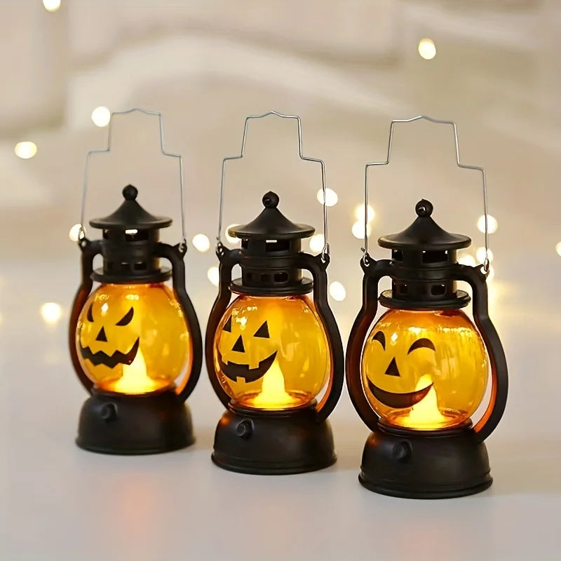 Retro Halloween Hanging Pumpkin Lantern - LED Ghost Lamp Candlelight