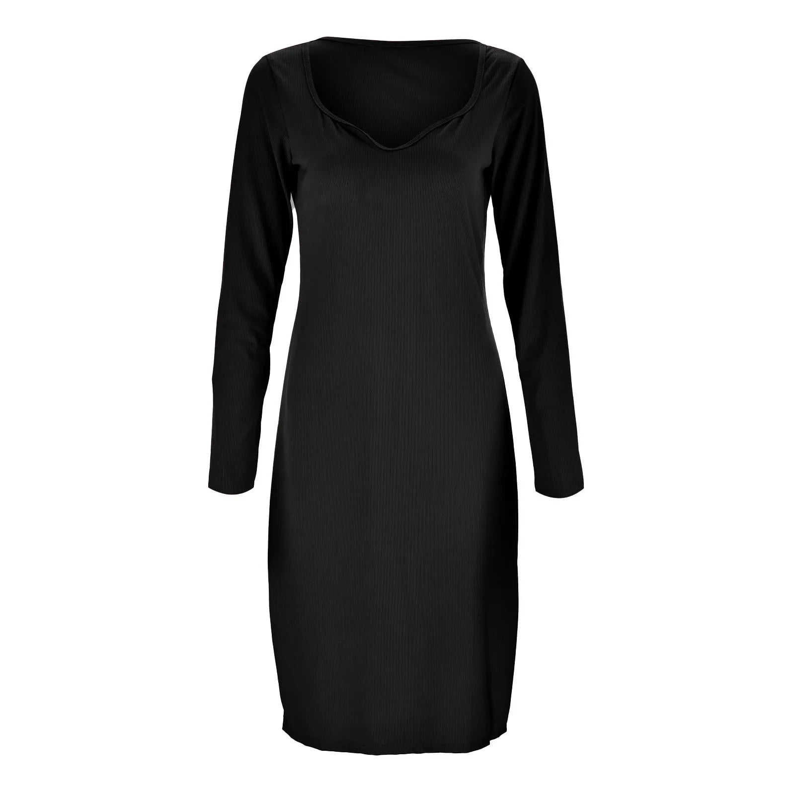 Elegant Ribbed Knitting Slit Dress for Women - Autumn & Winter Solid Color Square Collar Midi Dress