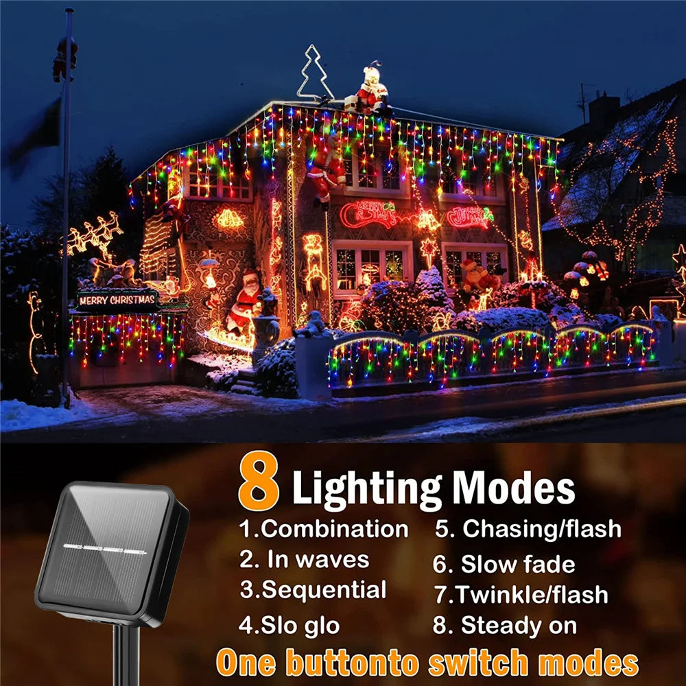 NEW 2024 Christmas Decorations Lights Solar Icicle Curtain Lights 8 Modes Outdoor Waterproof Garden Party New Year Decoration