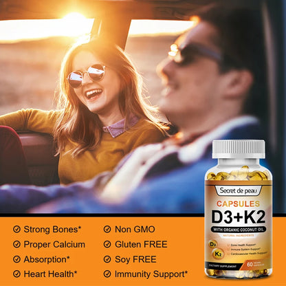 D3K2 Capsules Daily Supplement - Vitamin K2 and Vitamin D3 for Bone, Teeth, Immune Health | 120 Capsules