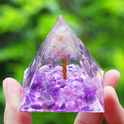 Natural Amethyst & Peridot Orgone Pyramid Energy Generator - Reiki Chakra Meditation Crystals Stone