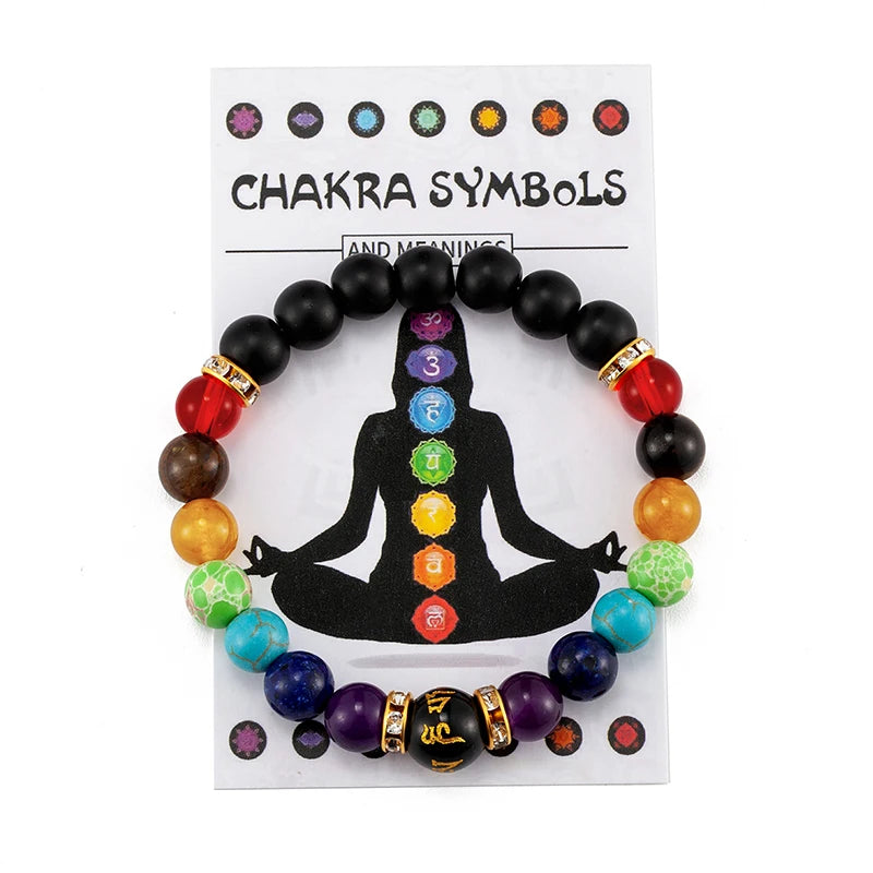 Seven-Chakra Bracelet with Meaning Card, Natural Crystal, Ideal for Yoga and Meditation