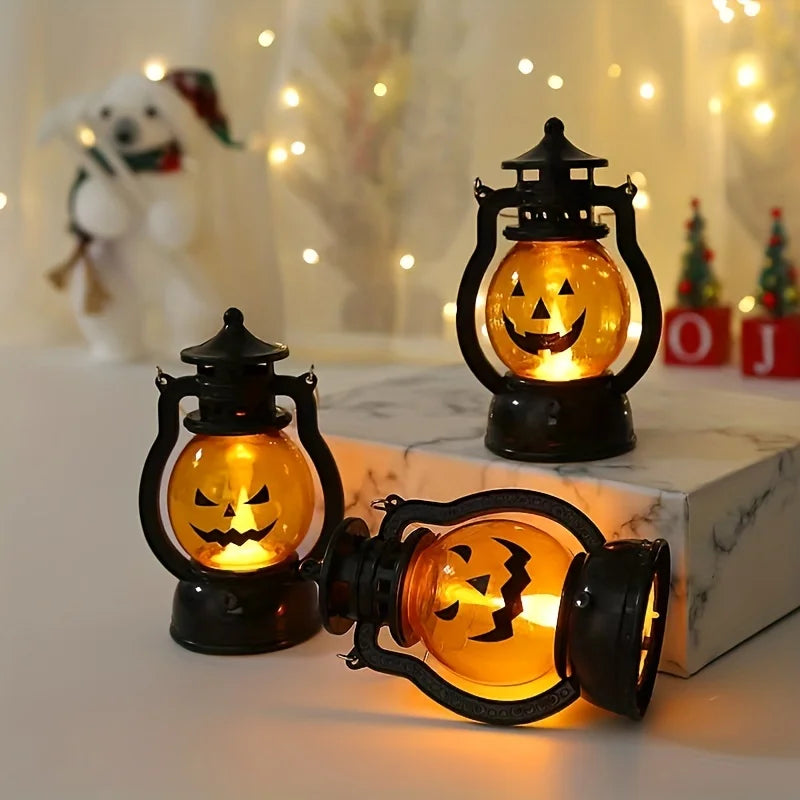 Retro Halloween Hanging Pumpkin Lantern - LED Ghost Lamp Candlelight