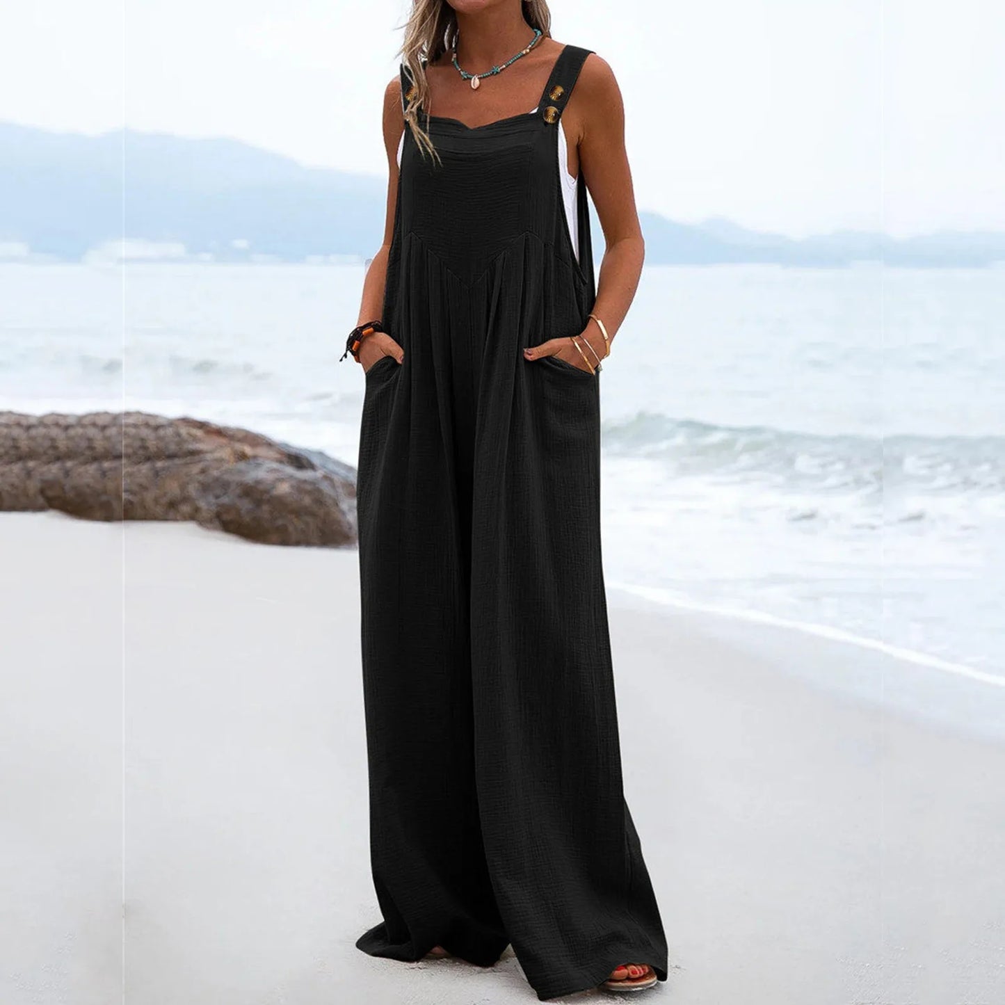 Women’s Rompers Cotton Linen Loose Jumpsuit - Casual Solid Color Wide-Leg Pants Button Strap Romper