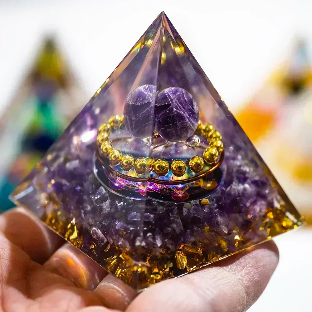 Natural Crystal Energy Generator Pyramid - Peridot Amethyst Reiki Healing Chakra Resin Pyramid, Egyptian Decor, Room Decoration by AierCrystal