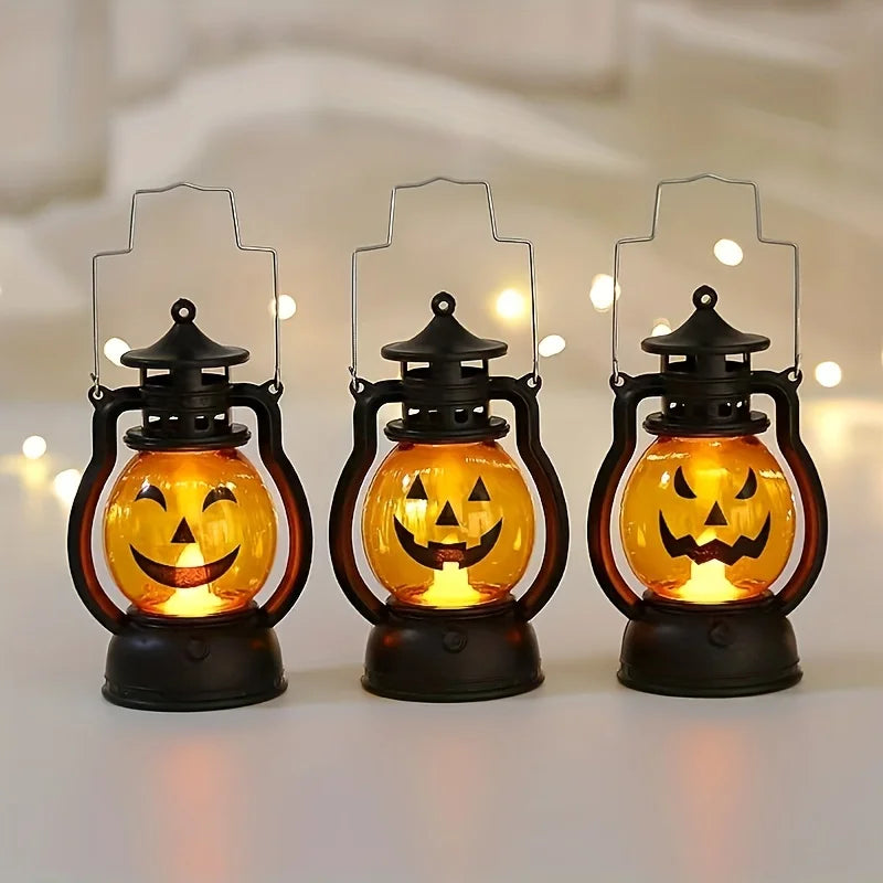 Retro Halloween Hanging Pumpkin Lantern - LED Ghost Lamp Candlelight