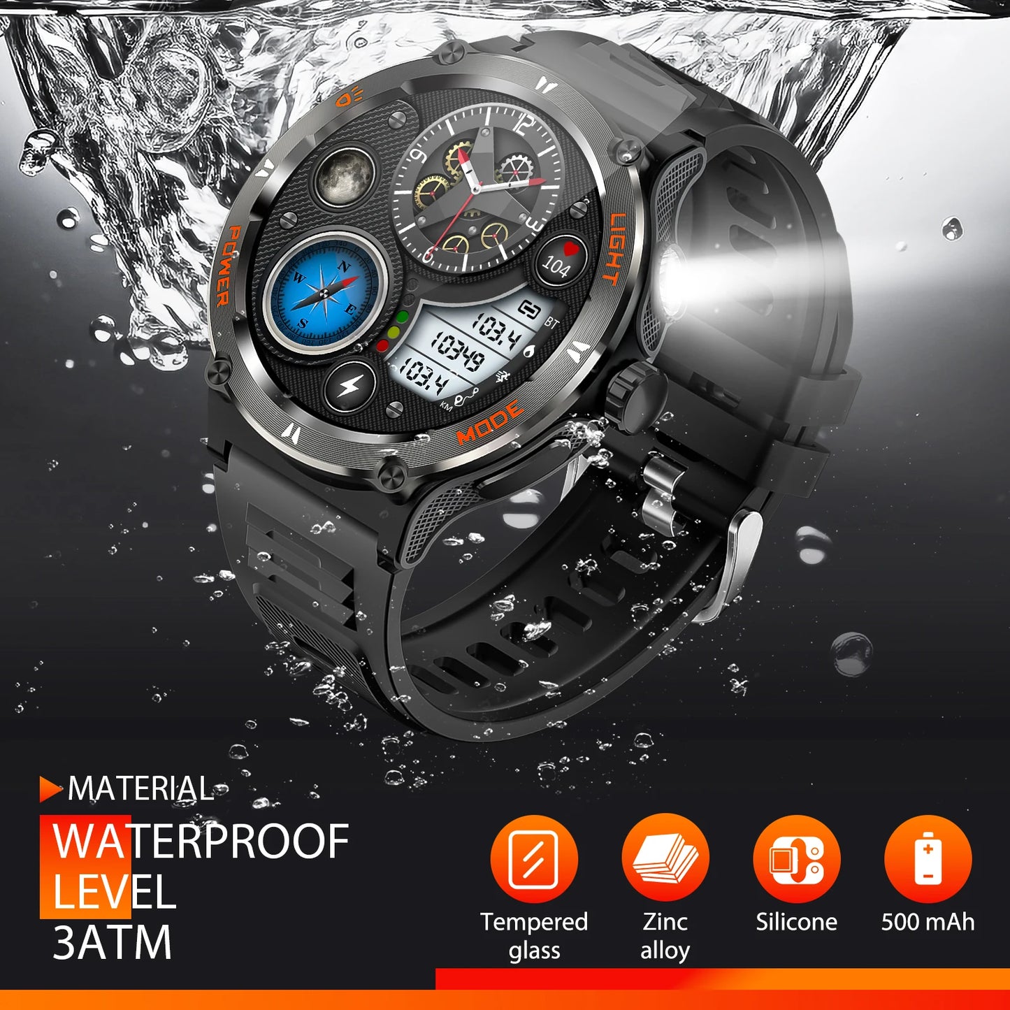 EIGIIS Smart Watch 3ATM Waterproof 1.53" KT76 Men Sport with Compass