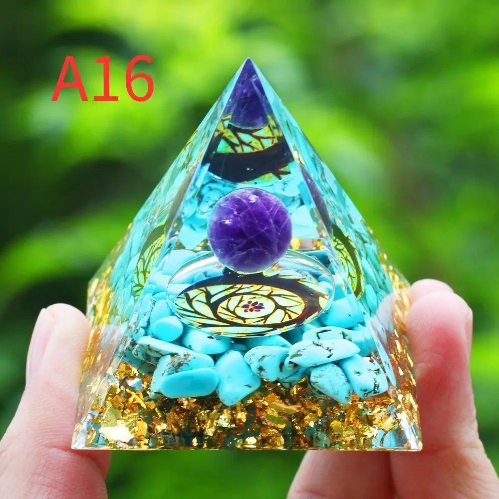 Natural Amethyst & Peridot Orgone Pyramid Energy Generator - Reiki Chakra Meditation Crystals Stone