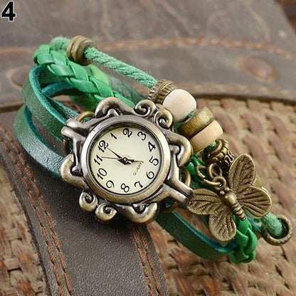 Women's Casual Vintage Multilayer Butterfly Faux Leather Bracelet Wristwatch