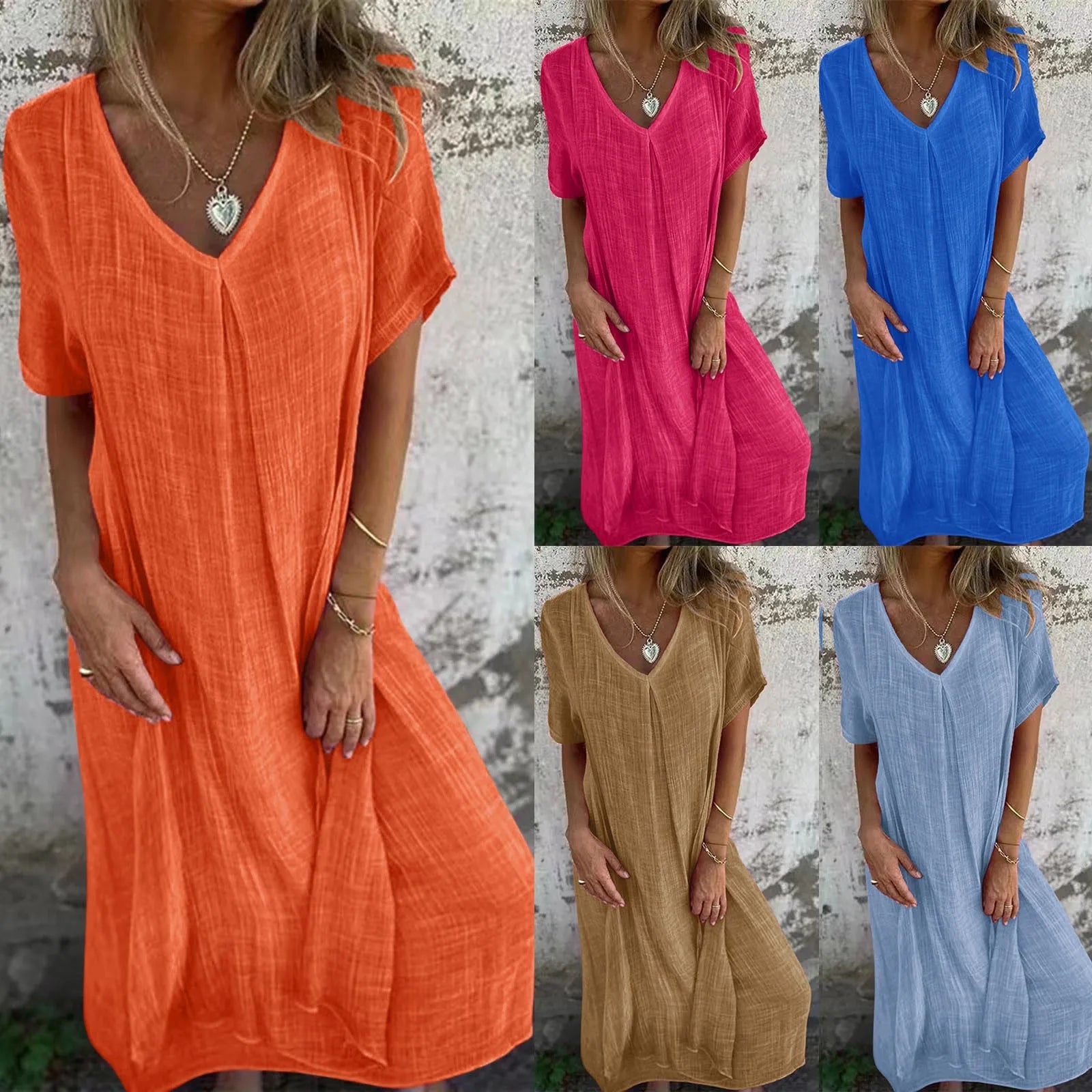 2024 Summer Women’s V-neck High Waist Cotton Linen Loose Dress