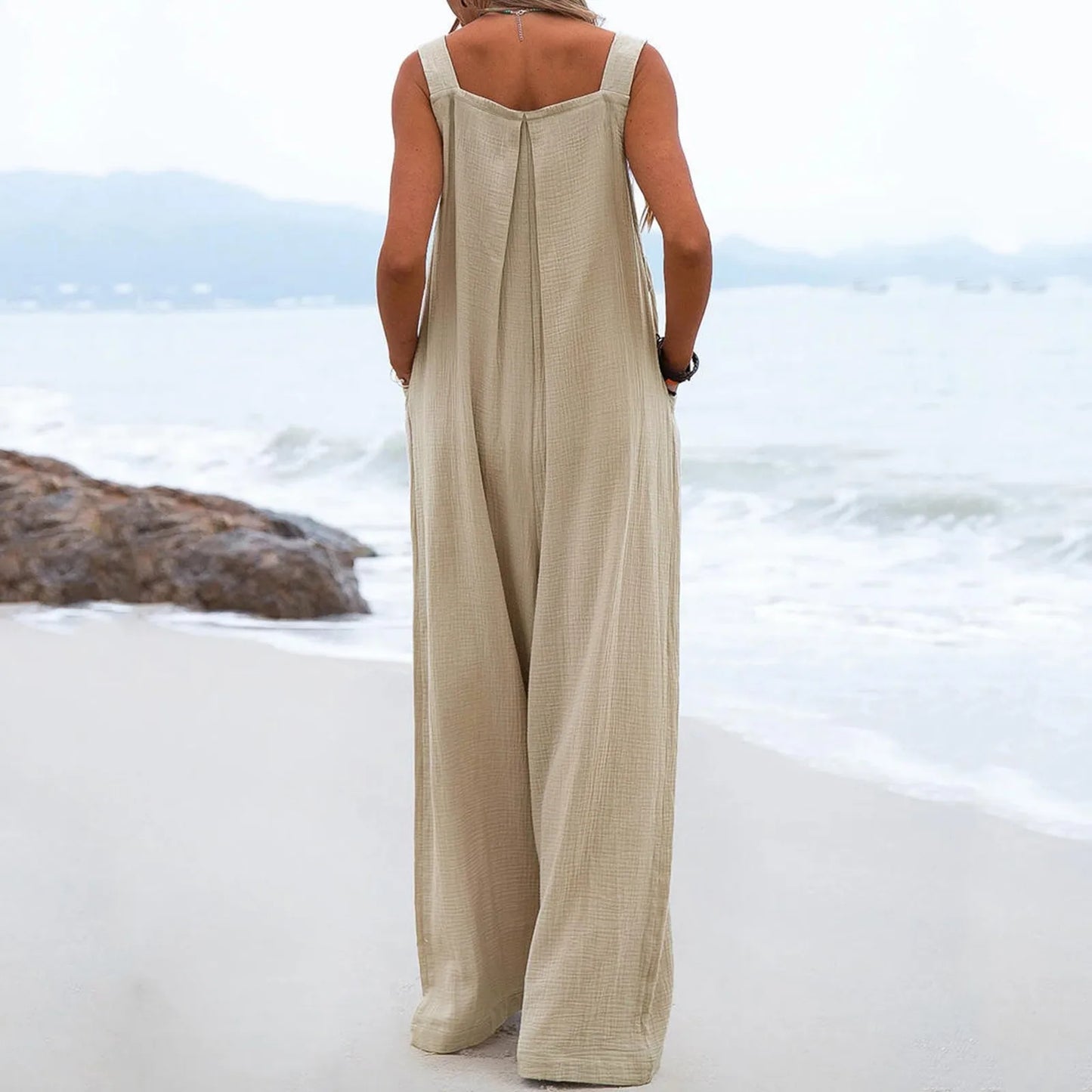 Women’s Rompers Cotton Linen Loose Jumpsuit - Casual Solid Color Wide-Leg Pants Button Strap Romper