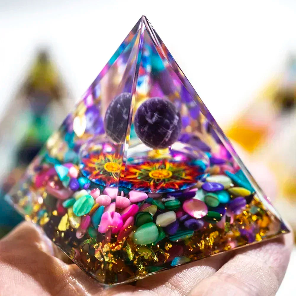 Natural Crystal Energy Generator Pyramid - Peridot Amethyst Reiki Healing Chakra Resin Pyramid, Egyptian Decor, Room Decoration by AierCrystal