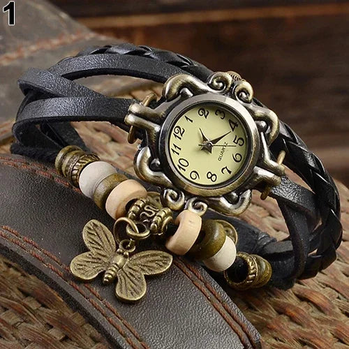Women's Casual Vintage Multilayer Butterfly Faux Leather Bracelet Wristwatch