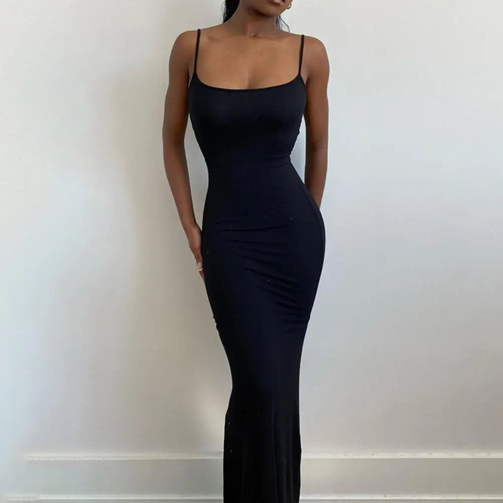 Sleeveless Backless Bodycon Maxi Dress - Spaghetti Strap Clubwear